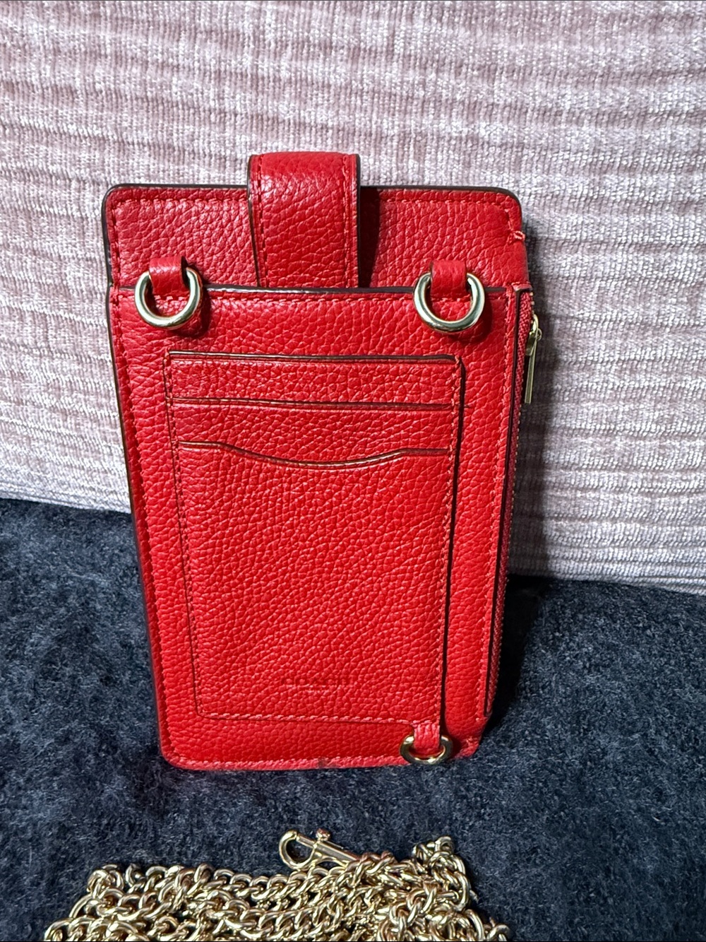 Red Pebbled Leather Phone Crossbody with Gold Chain strap - Picture 2 of 8